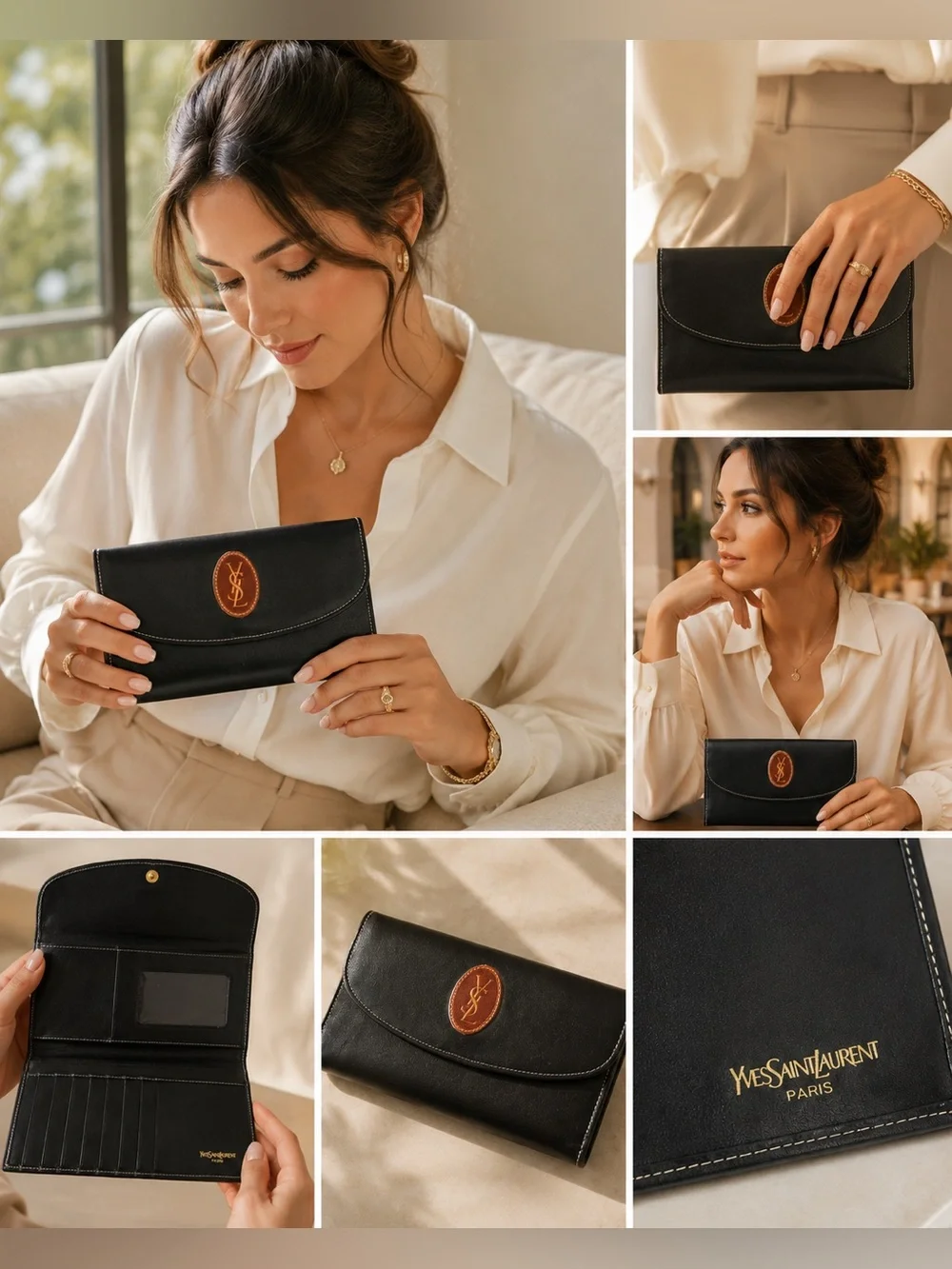 Yves Saint Laurent Black Leather Wallet with White stitching EUC